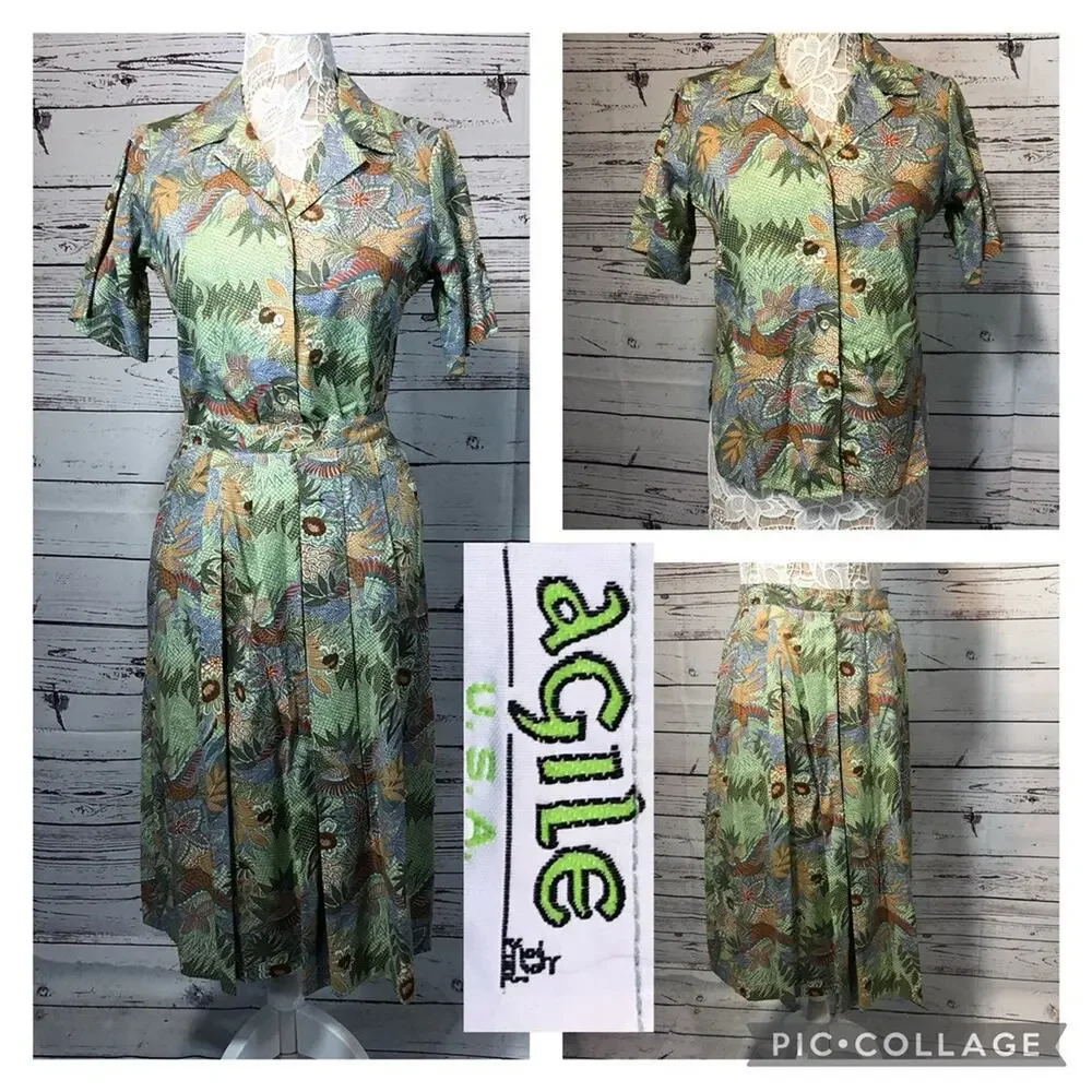 Vintage AGILE tropical Blouse & midi skirt set in green both medium